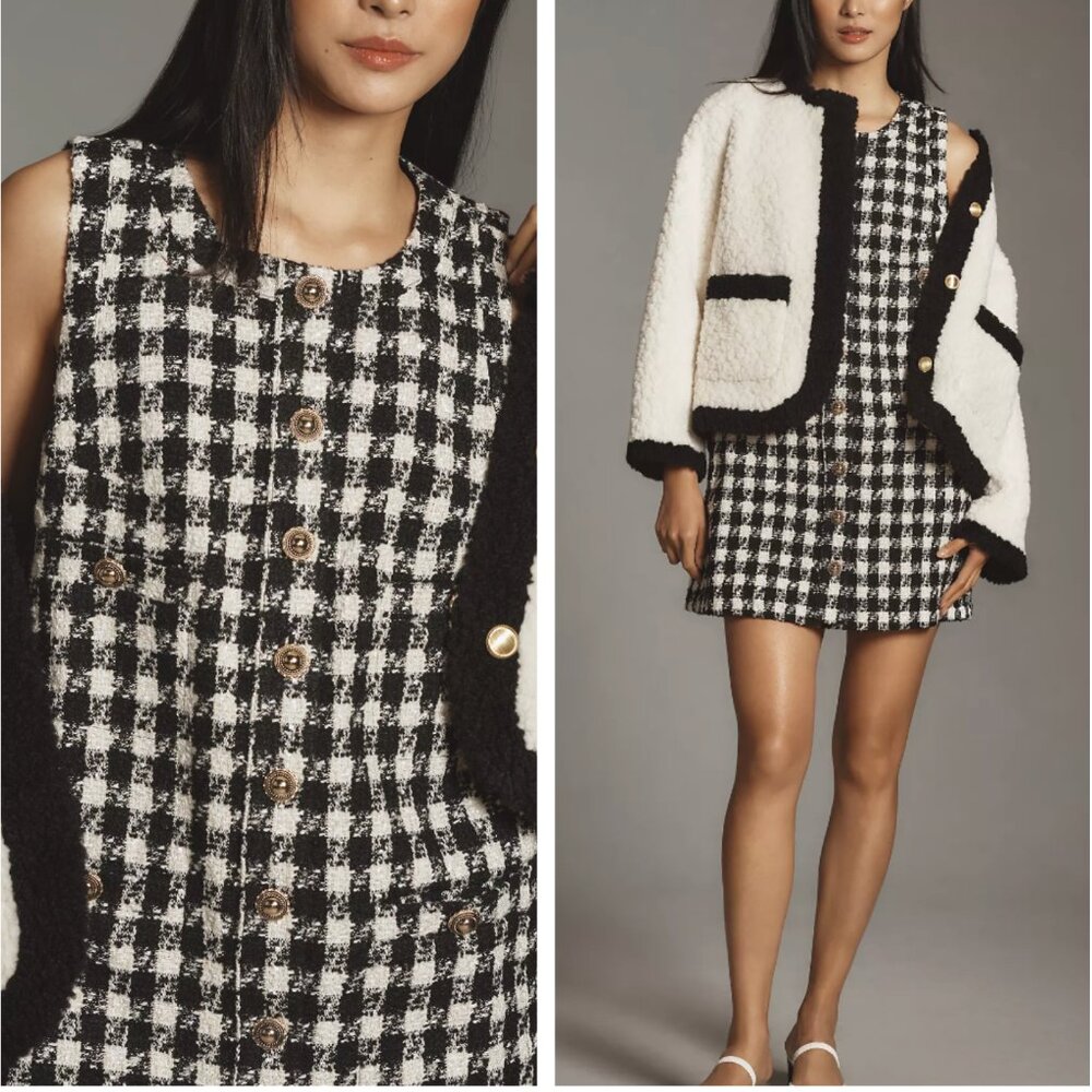 Reformation Tropez Mini Dress Sz2 Black Check Tweed worn Once!
